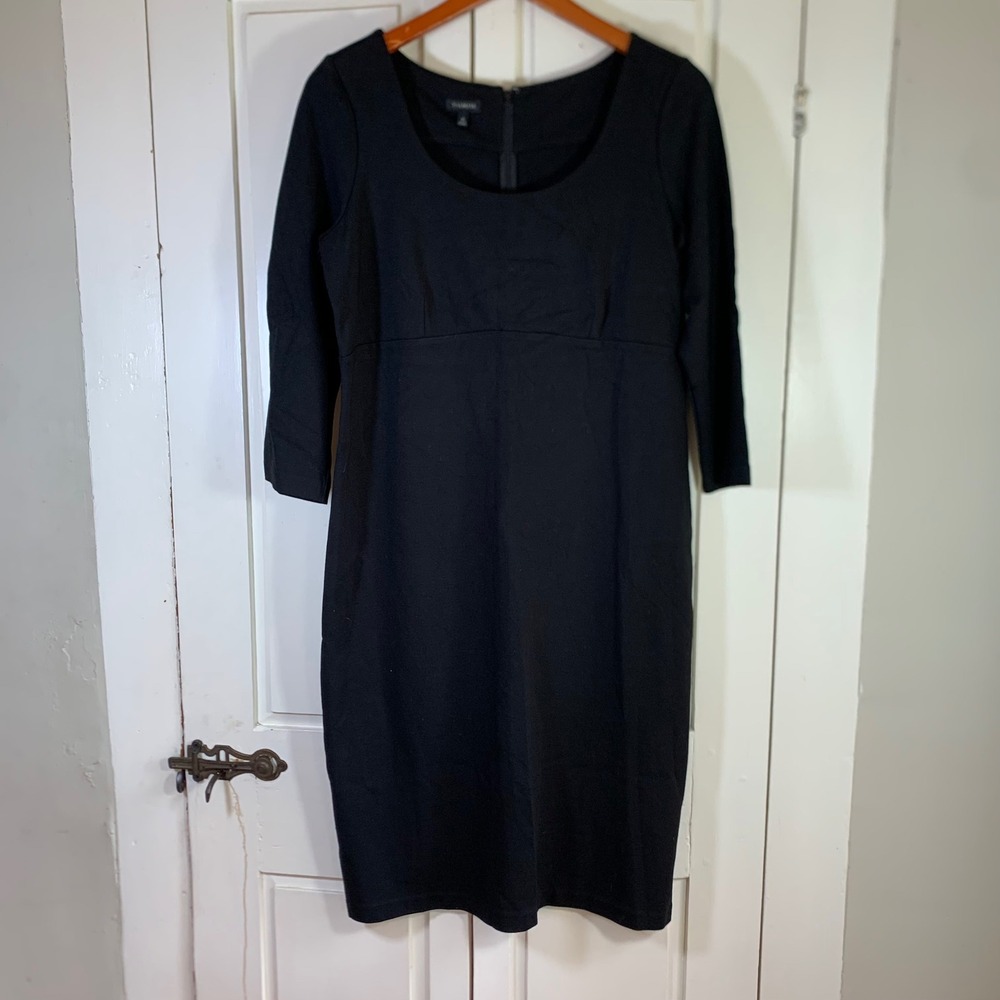 Talbots Black Ponte Knit Empire Waist Sheath Dress 3/4 Sleeve Size 10 Preppy LBD